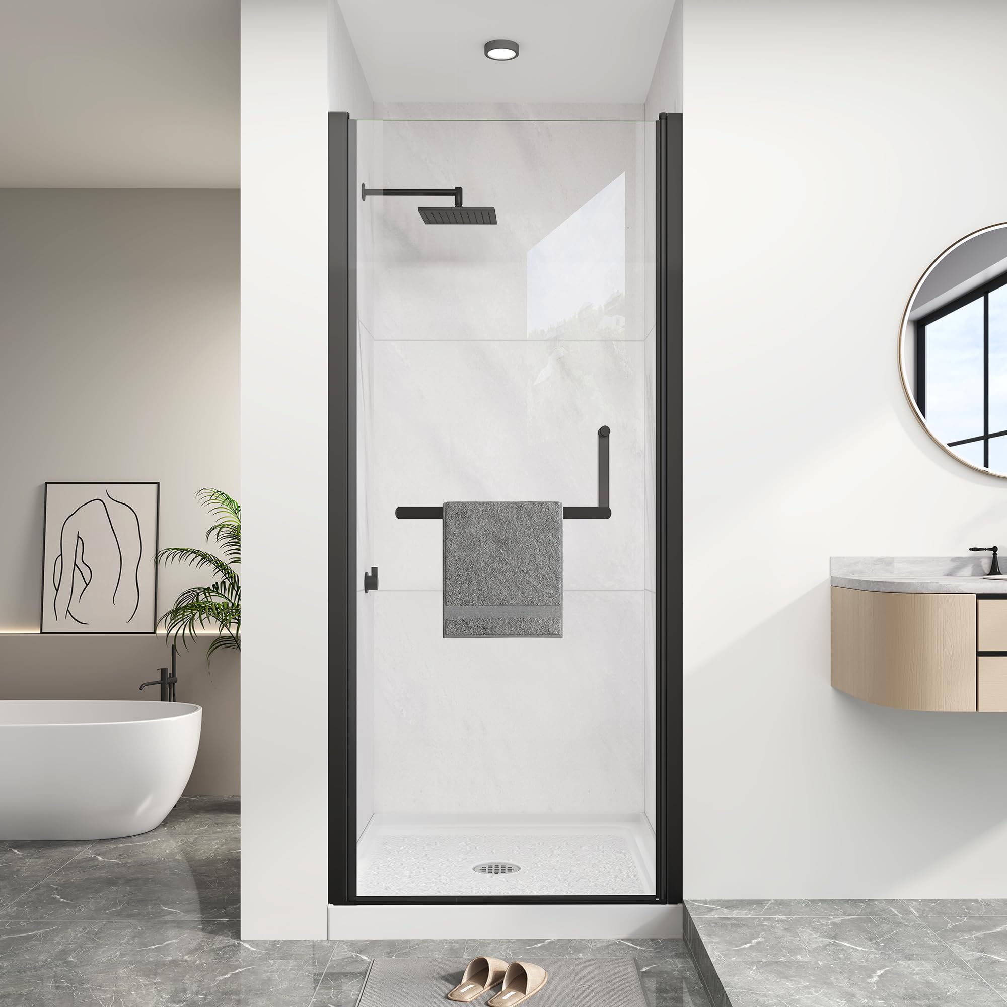 Photo 1 of KPUY Pivot Shower Door, 32-34" W x 72" H Frameless Single Swing Glass Shower Door with Explosion-Proof Film Nano Coating, 1/4" (6mm) Thick Tempered Clear Glass, Matte Black