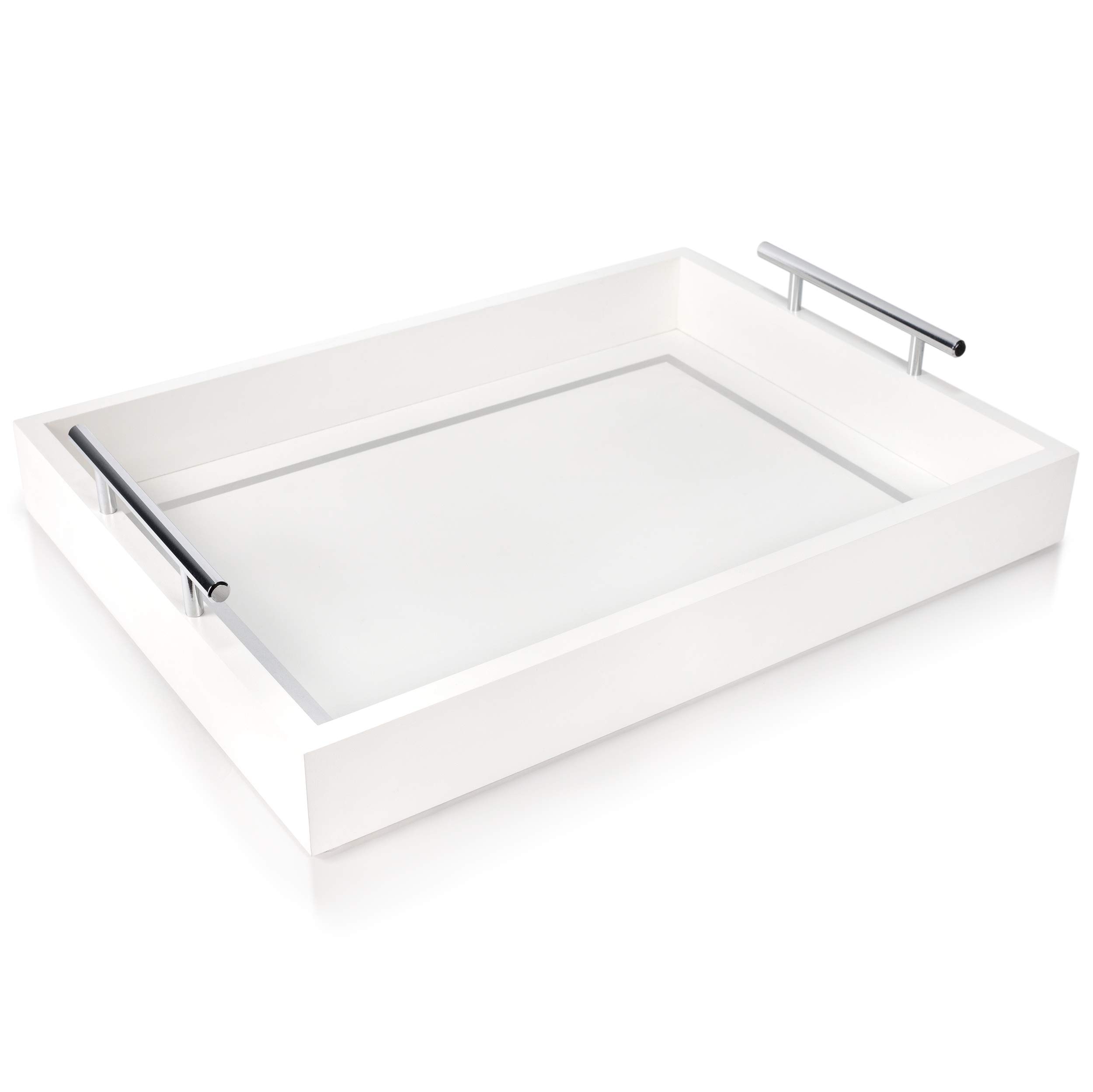 Photo 1 of A1 HOMNET Modern White Decorative Tray - Engineered Wood Tray with Silver Metal Handles - 16.4x12.2x3.2 inches - Versatile Serving Tray for Coffee, Food, Home Organization & Occasions