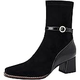 U-lite Women's Elastic Suede Fall Winter Square Toe Shoes, Leather Mid Heel Ankle Boots, Buckle Strap Embellishment Booties