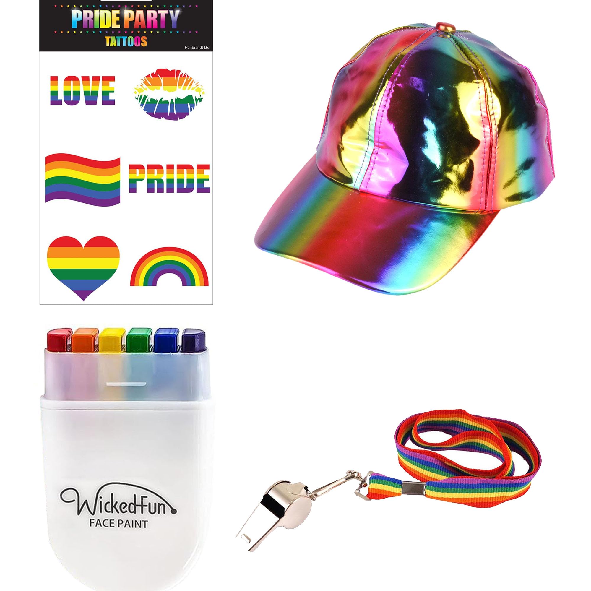 The Fancy Dress® Deluxe QUALITY GAY LESBIAN PRIDE FANCY DRESS ACCESSORY Rainbow Gangster Hats Tattoos LGBT Parade Party Lot, 4Pc Pride Rainbow Set