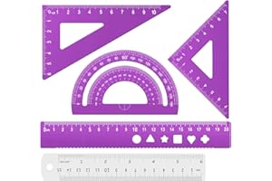 Honagu Triangular Ruler Set, 4+1Pieces Aluminum Alloy Ruler, Metal Drafting Ruler, Geometric Protractor for Student, School Office Supplies (Purple, 20cm)