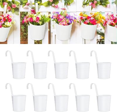 KINGLAKE 10Pcs 10cm Metal Hanging Plant Pots with Detachable Hook White Fence