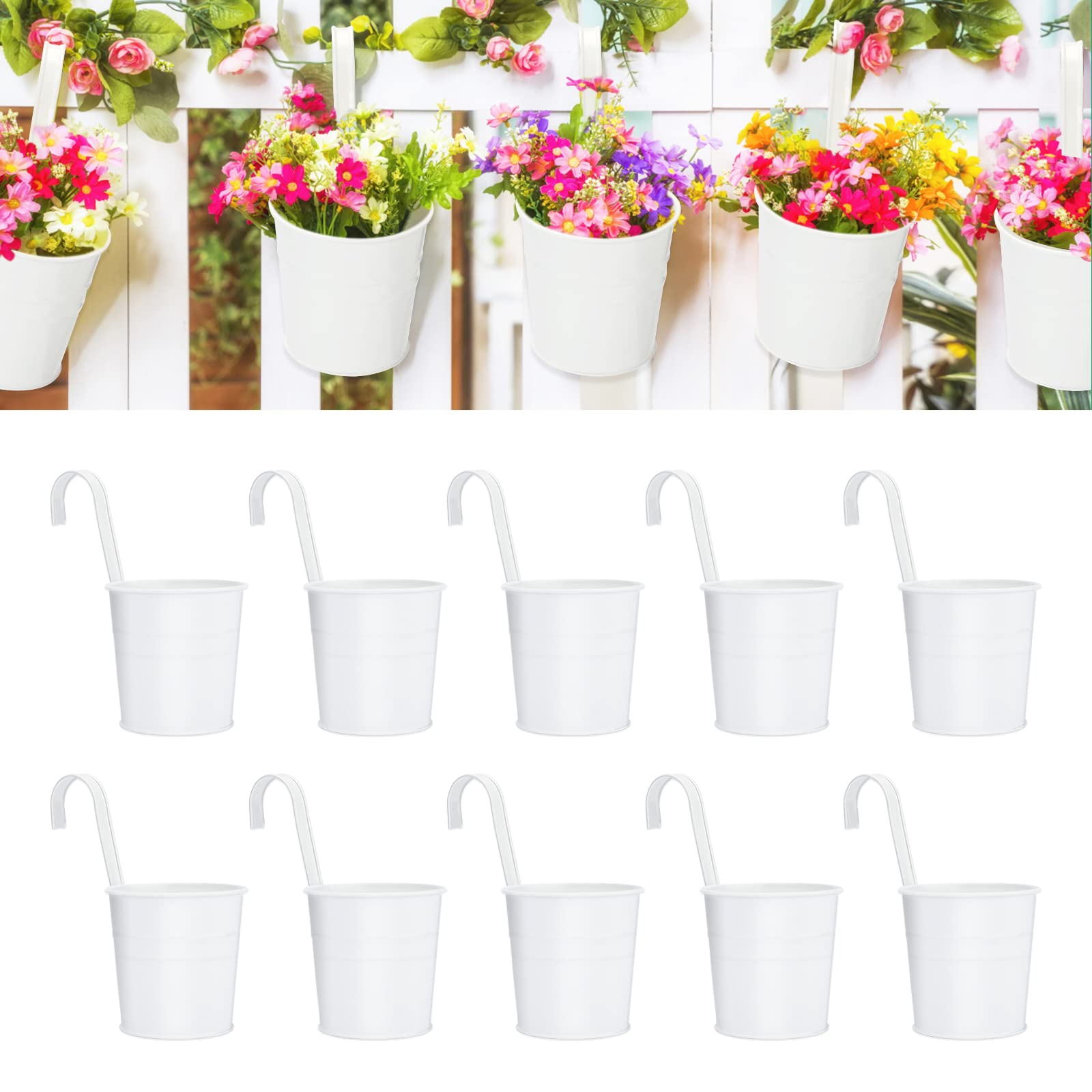 KINGLAKE 10Pcs 10cm Metal Hanging Plant Pots with Detachable Hook, White Fence Flower Pots Garden Hanging Planter Bucket Flower holder for Balcony Fence Railing Garden Home Décor