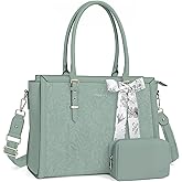 MOSISO Laptop Bag for Women, PU Leather Tote Bag, Front Embossed Retro Hibiscus Computer Bags with Silk Scarf&Clutch Purse