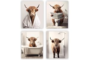 heilkee Funny Highland Cow Bathroom Decor Animal Bathroom Wall Art Brown Cattle in Bathtub Picture Rustic Farmhouse Style Pos