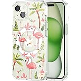 MAYCARI for iPhone 15 Case Compatible with Magnet, Original Cartoon Flamingos Coconut Trees Clear Magnetic Phone Cover for Girls Women Soft TPU Hard Back Shockproof Protective Phone Case for 15 6.1"