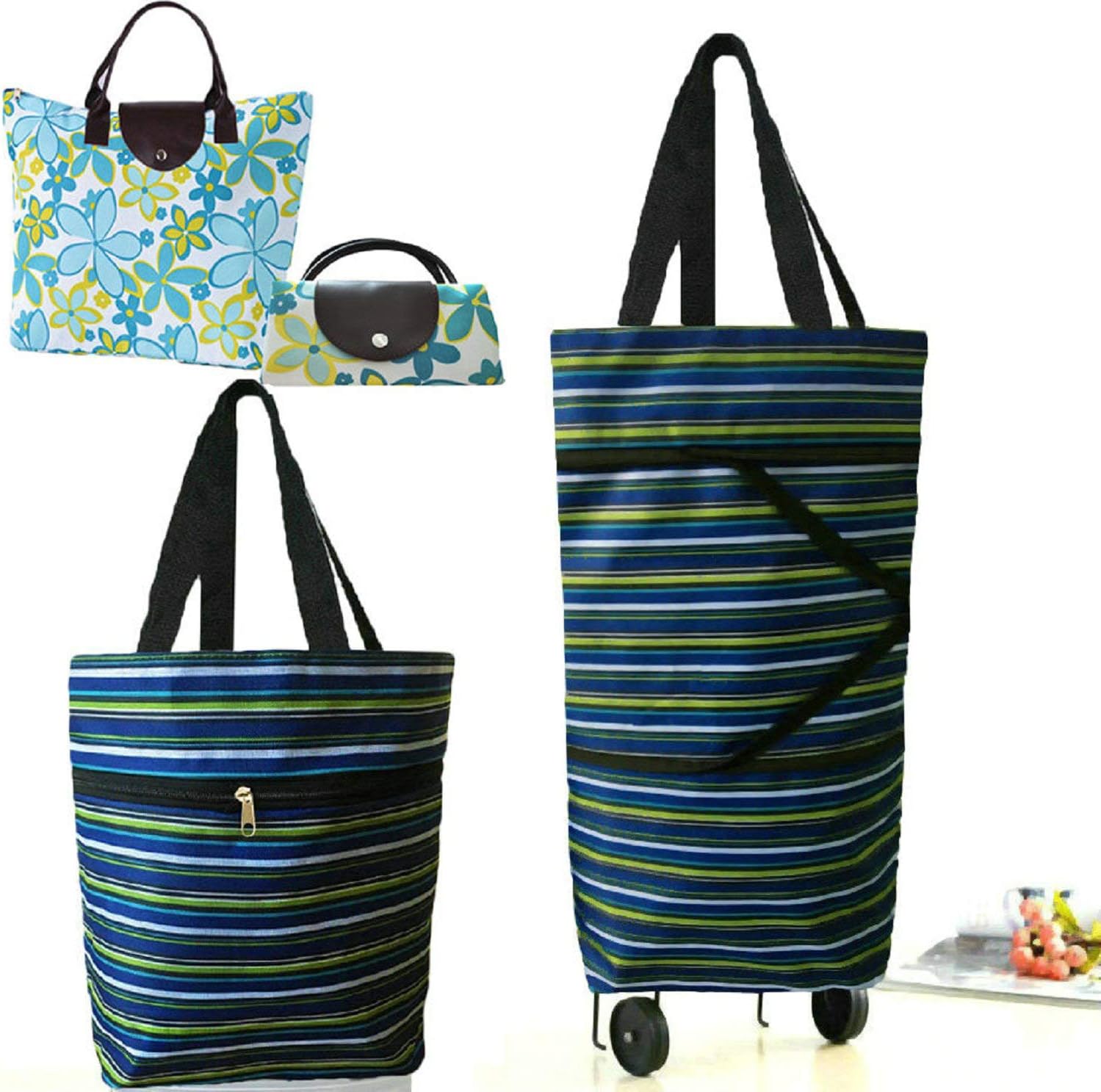 Cocobuy 2 Packs Foldable Shopping Bag with Wheels Collapsible Shopping Cart Shopping