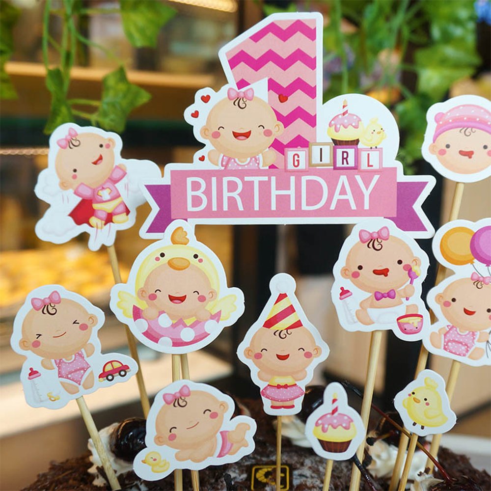 MZCH Little Girl CupCake Topper Cake Toppers for Baby Shower 1st Birthday Girl, Pink, 33 Pack
