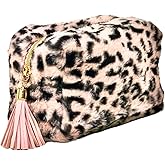 Tristan Home Plush Leopard Print Cosmetic/Toiletry Bag with Pink Tassel, Faux Fur Makeup Pouch, Small Handbag, Gold Zipper, Medium, Leopard Pink