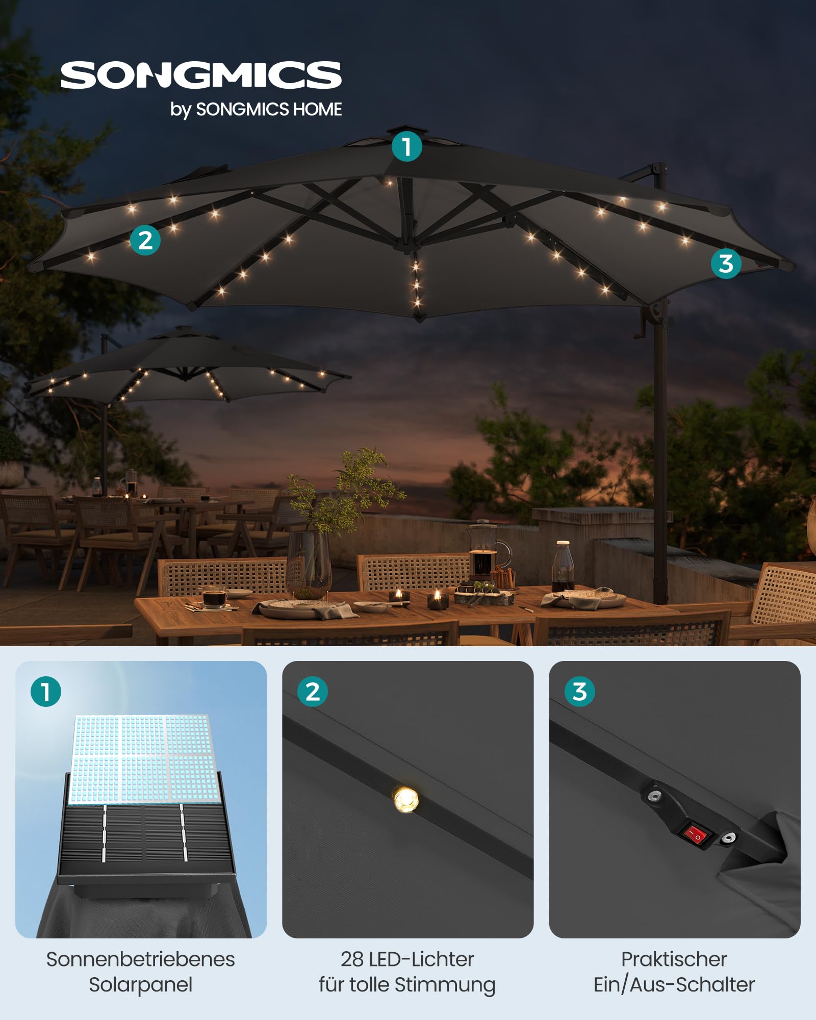 SONGMICS Sonnenschirm, Ampelschirm, 300 cm, 28 Solar-LED-Leuchten, UPF 50+, Gartenschirm, um 360° drehbar, Neigungswinkel stufenlos verstellbar, mit Kurbel, Kreuzfuß, grau GPU047G02 2