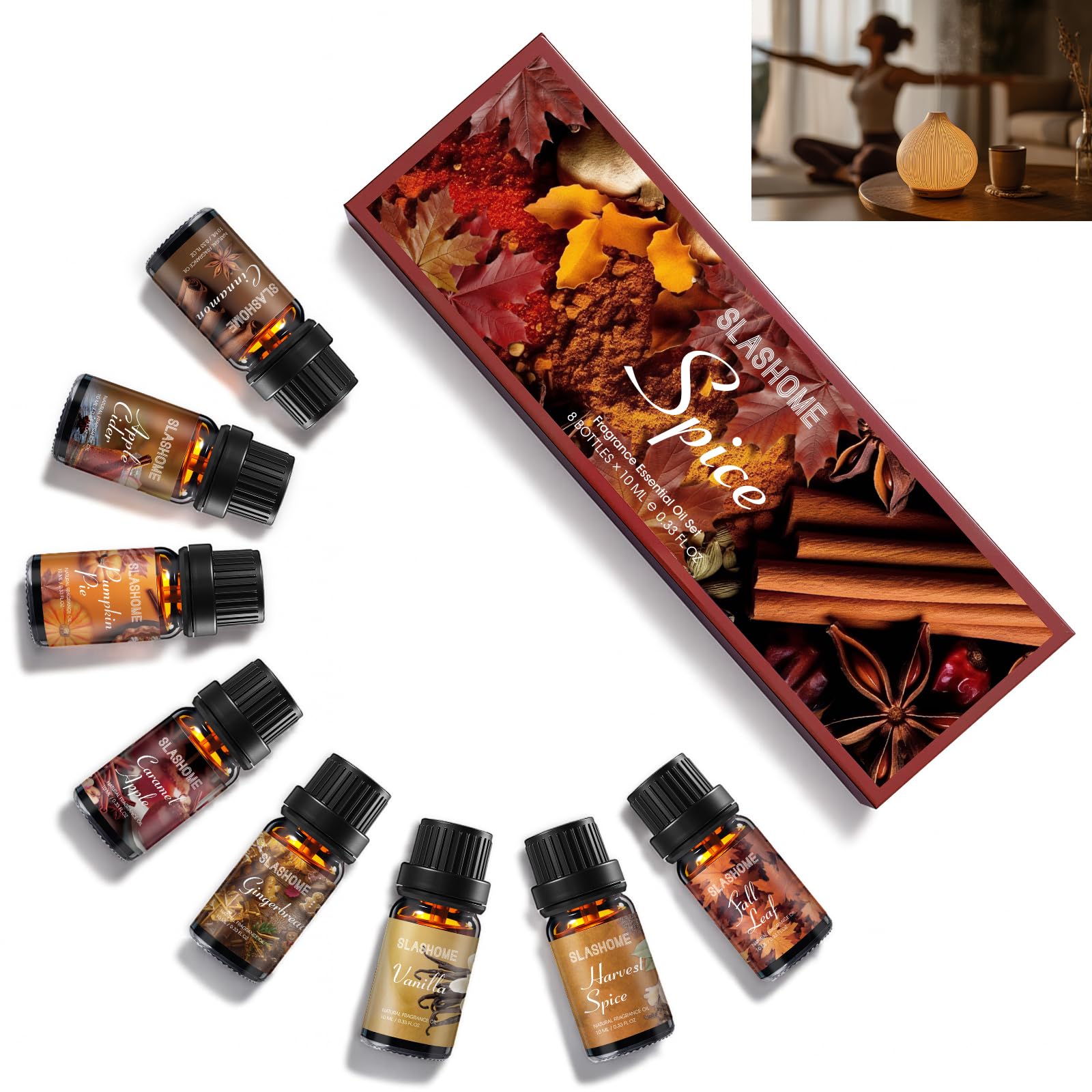 Photo 1 of ?Fall Essential Oils Set | 8 Pcs Autumn Essential Oils for Diffusers for Home, Fragrance Oil for Candle, Aromatherapy Gift Set | Pumpkin Pie, Cinnamon, Apple Cider, Vanilla, Fall Leaf & More