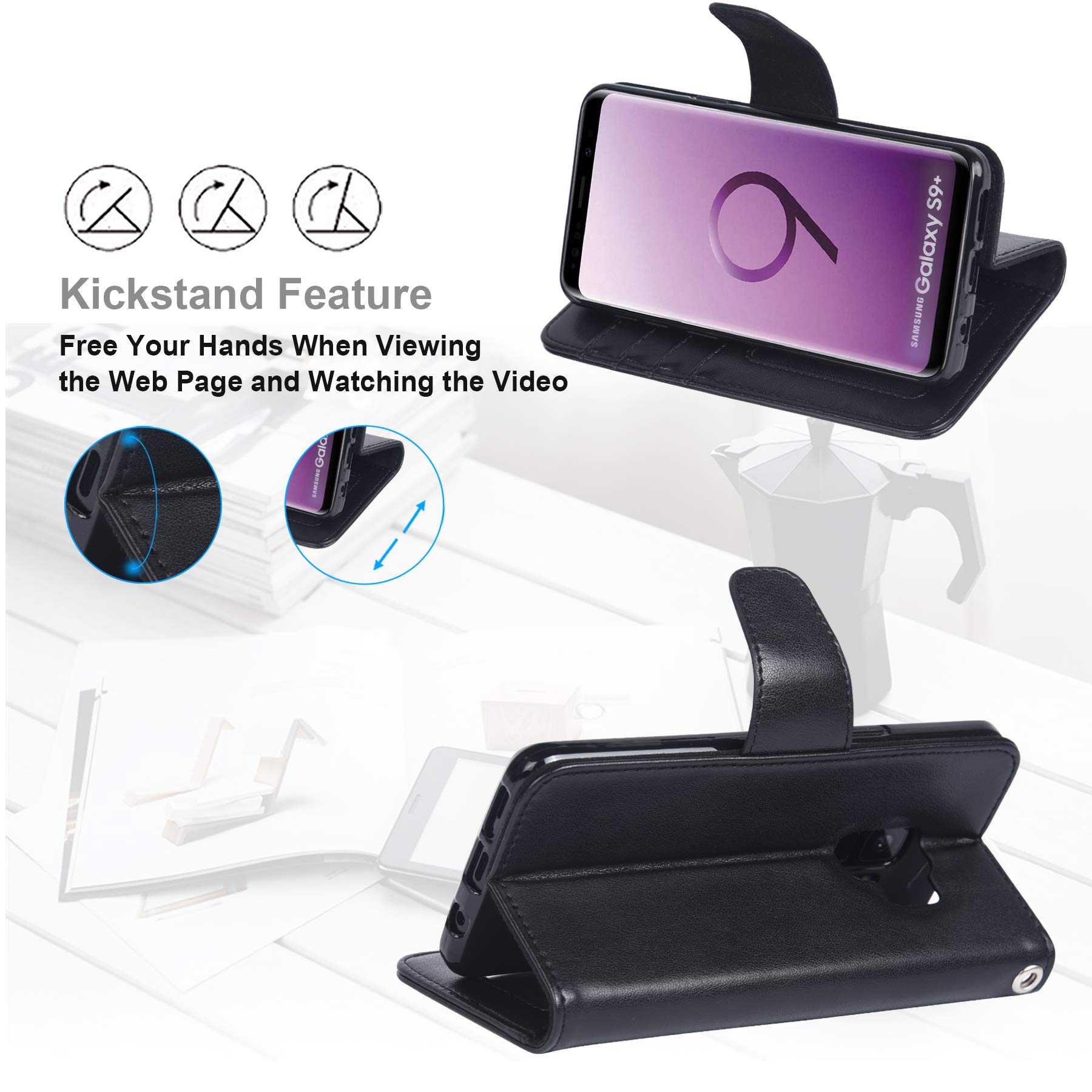 Galaxy S9 plus Case, Arae [Kickstand Feature] PU leather wallet case with [4-slots] ID&Credit Cards Pocket for Samsung Galaxy S9 plus - black