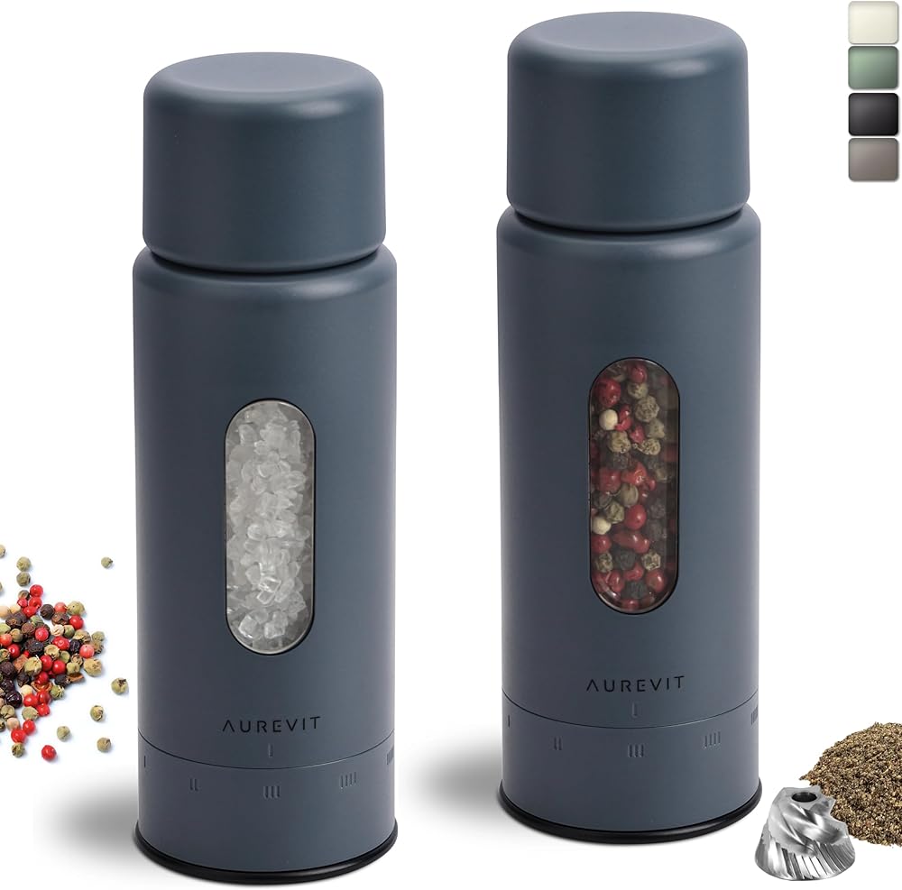 Aurevit Salt and Pepper Grinder Set Manual, Salt and Pepper Mill with Ceramic/Stainless Steel Core, External Adjustable Coars