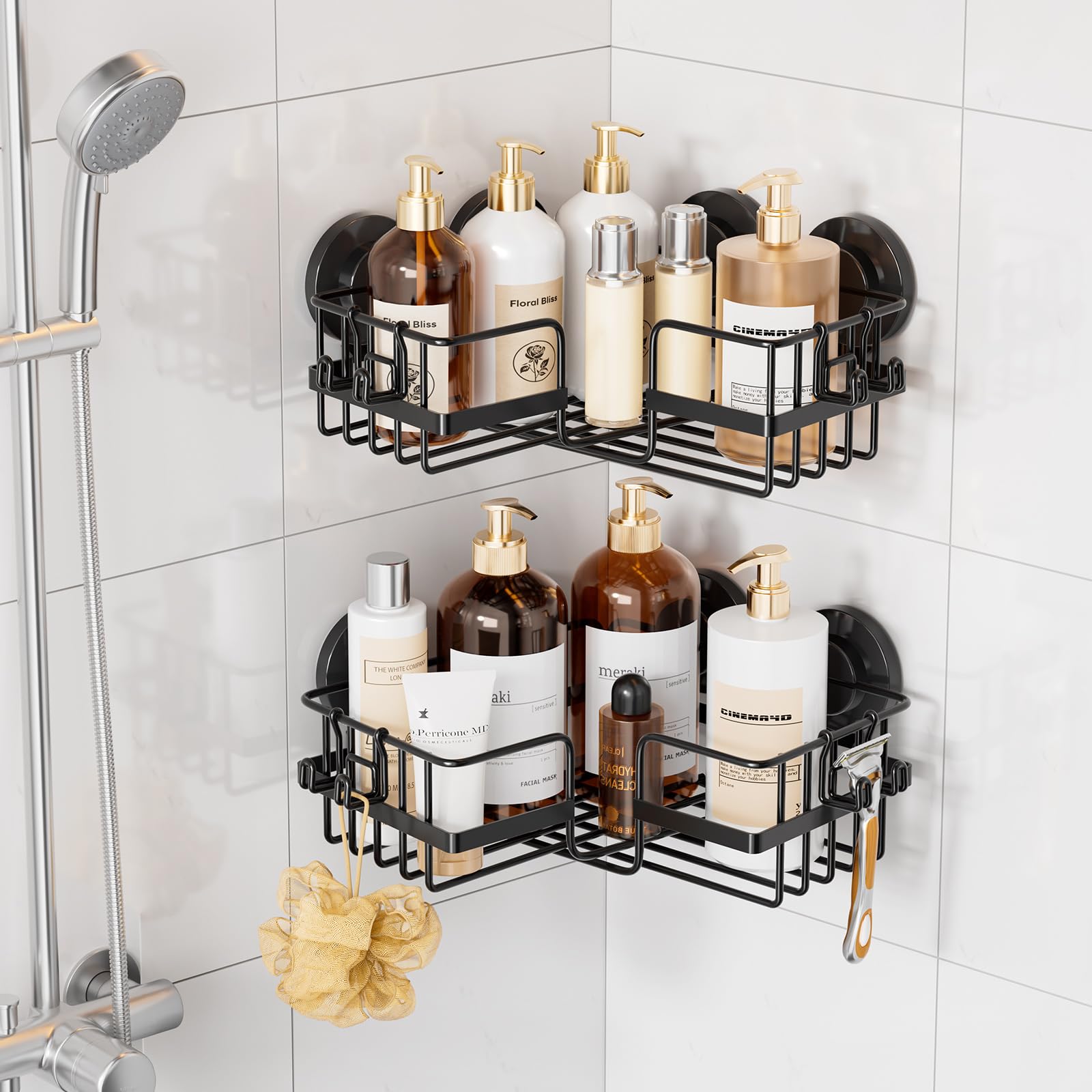 Photo 1 of TAILI Corner-adaptive Suction Cup Shower Caddy 2 Pack, Stainless Steel Rustproof Corner Shower Shelves, Drill-Free Wall Mounted Baskets, Large Capacity, Removable Suction Cup Bathroom Organizer, Black