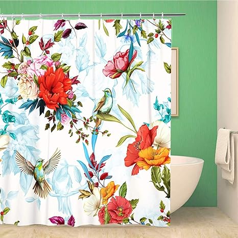 Amazon バスルームシャワーカーテンポピー野生の花バラナイチンゲール鳥ハミングの葉防水フック付きフックセット 0x180 Cm シャワーカーテン ホーム キッチン オンライン通販