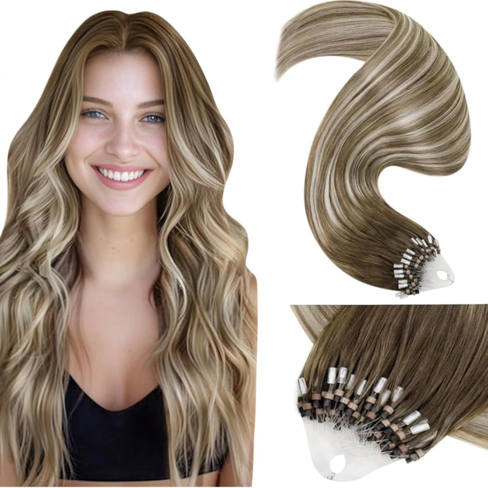 LaaVoo Human Hair Extensions Micro Ring 20 Inch Real Blonde Remy Straight Balayage Light Brown to White Blonde Invisible Micro Beads Hair Extensions 50g 50s #8/60/8 — image 1