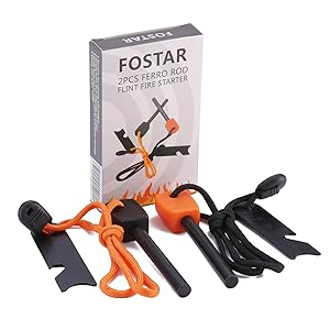 FOSTAR Ferrocerium Alloy Rod Fire Starter, 5/16 Inch Thick Waterproof Fire Steel, Bushcraft Ferro Rod with Easy Grip Handle, Multi-Tool Striker and Necklace Paracord Lanyard (2PCS, Black and Orange)