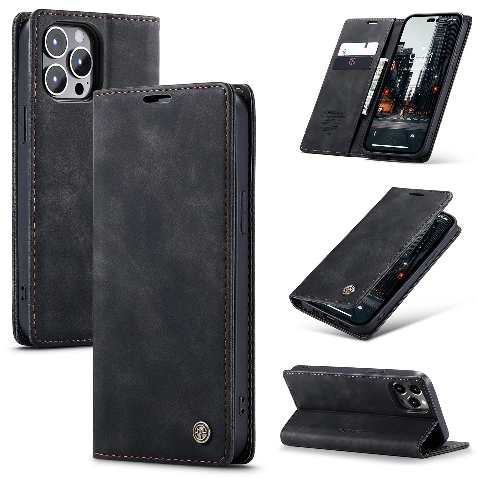 UFinetech Case for iPhone 14 Pro, Shockproof Anti-scratch Cover with iPhone 14 Pro (6.1”), Leather TPU Slim Soft Flip Folio Magnetic Closure Kickstand Card Holder Wallet 2-in-1 Camera Protector, Black