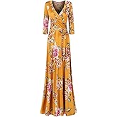 Bon Rosy Women's Super Stretchy Maxi Party Dress Spring Floral Print Faux Wrap 3/4 Sleeve V-Neck