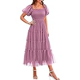 PRETTYGARDEN Women's Smocked Midi Tulle Dress 2026 Summer Puffy Short Sleeve Square Neck Ruffle Wedding Guest Party Dresses