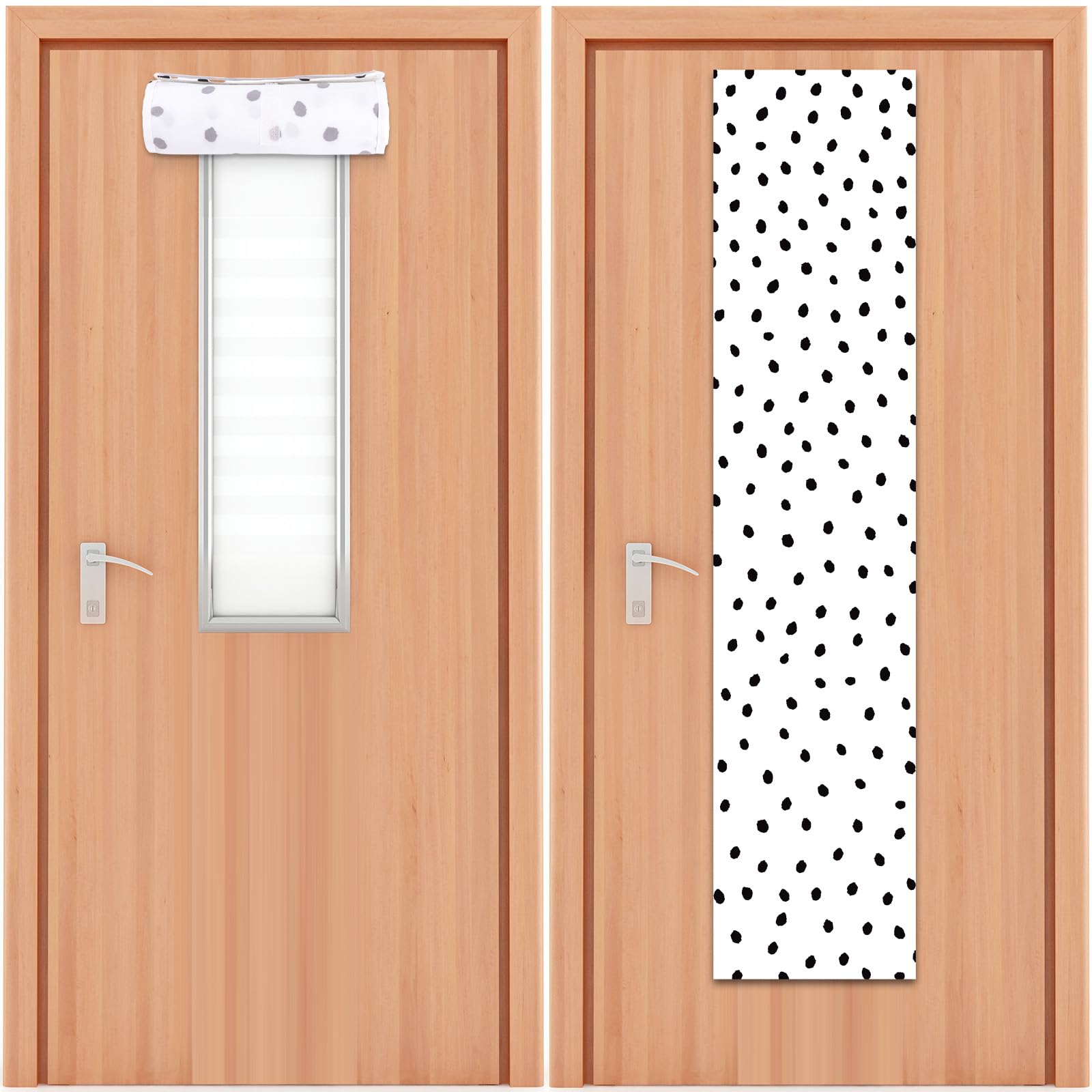 Photo 1 of 2 PCS Black and White Classroom Door Window Cover Black Polka Dot Door Curtain Classroom Decor Blackout Lockdown Shades Glass Window Covering Darkening Blackout Roller Shades Back to School Supply