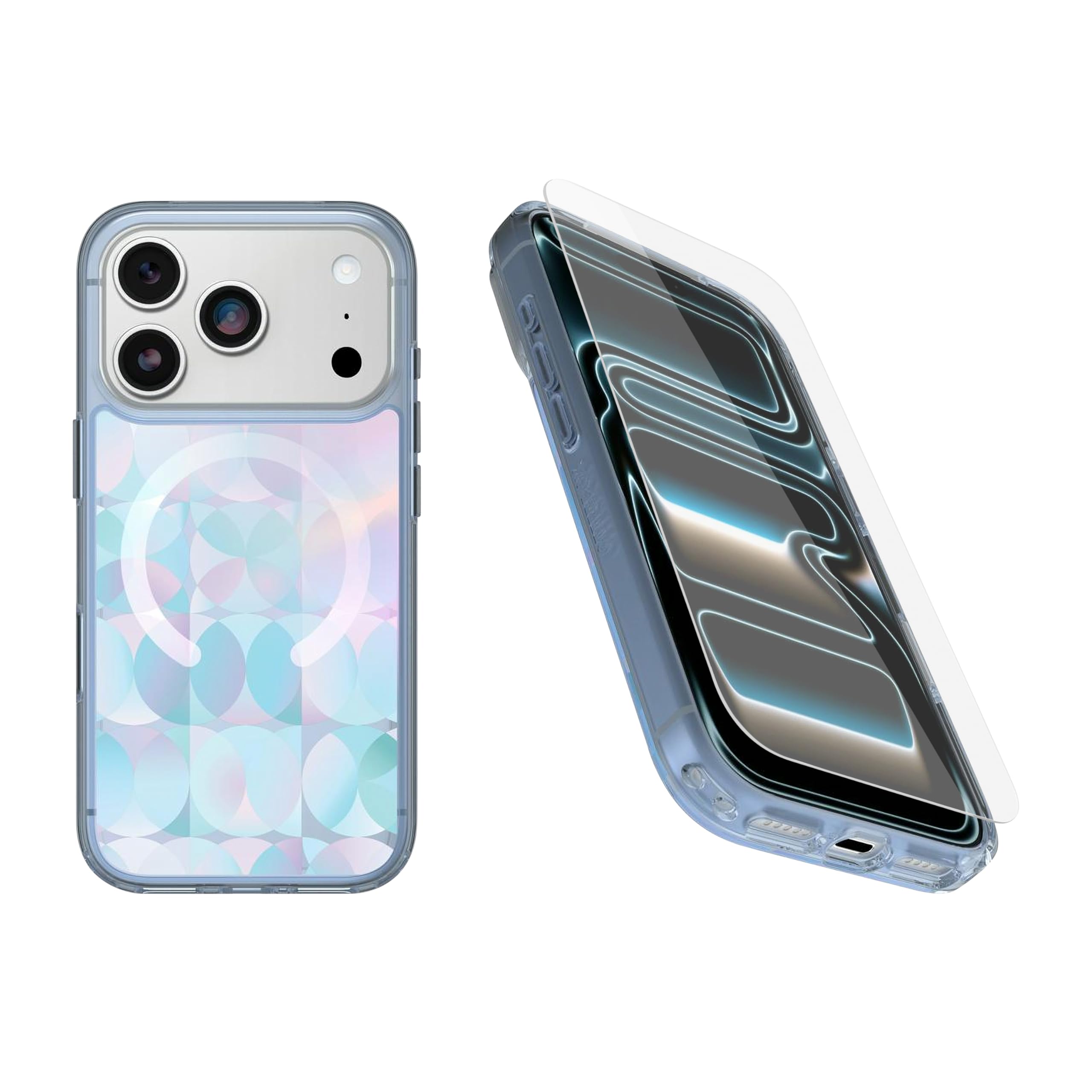 OtterBox iPhone 17 Pro (Only) Bundle: Symmetry Series+ Case & Screen Protector, Opal Prism (Clear/Multicolor) Snaps to MagSafe, Ultra-Sleek, Raised Edges Protect Camera & Screen, Non-Retail Packaging