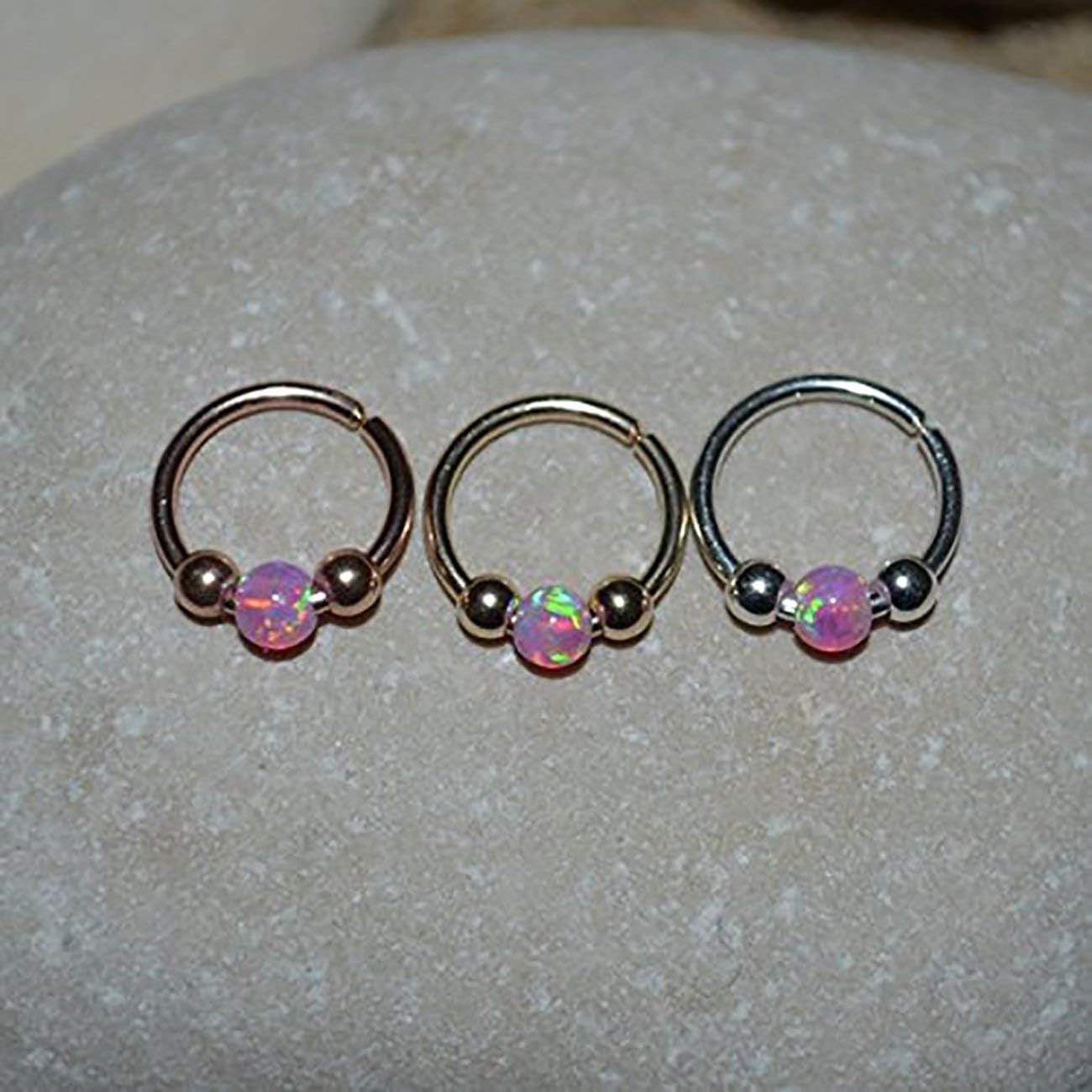 Pink Opal Nose Ring Stud - Silver Nose Hoop - Tragus Earring - Septum Ring - Cartilage Hoop Earring - Helix Ring - Nose Piercing 18g