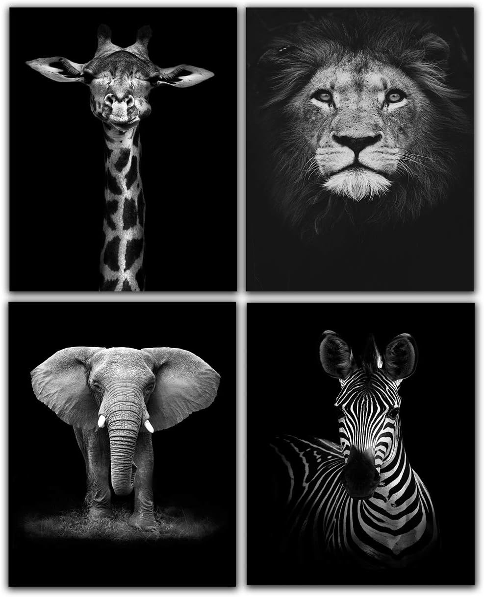 Modern Black and White Décor Canvas Wall Art,Animals Picture Prints,Lion,Elephant,Zebra,Giraffe Painting Printed on Canvas,Wall Decoration 8"x10" Unframed Set of 4 Prints