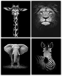 Modern Black and White Décor Canvas Wall Art,Animals Picture Prints,Lion,Elephant,Zebra,Giraffe Painting Printed on Canvas,Wall Decoration 8"x10" Unframed Set of 4 Prints