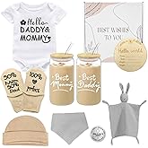 Amgkonp New Parents Gifts Set for Women,11Pcs Pregnancy Gifts Basket for New Mom and Dad with Glass Cups,Unique Gender Reveal Gift,First Time Mom Essentials,Baby Shower Gift Set