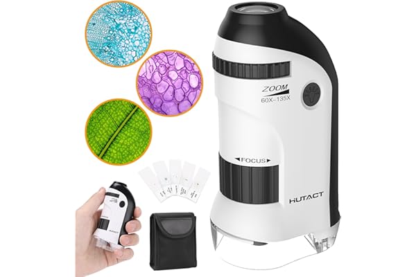 HUTACT Pocket Microscope for Kids, 60X-135X Mini Portable Microscope with 5 Microscope Slides, Handheld Microscope for Children Students