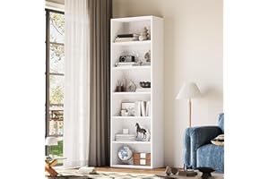 Nordivale 6-Tier Tall Bookshelf, Open Shelf Storage Unit for Home Office, Living Room & Bedroom, Modern White Bookcase