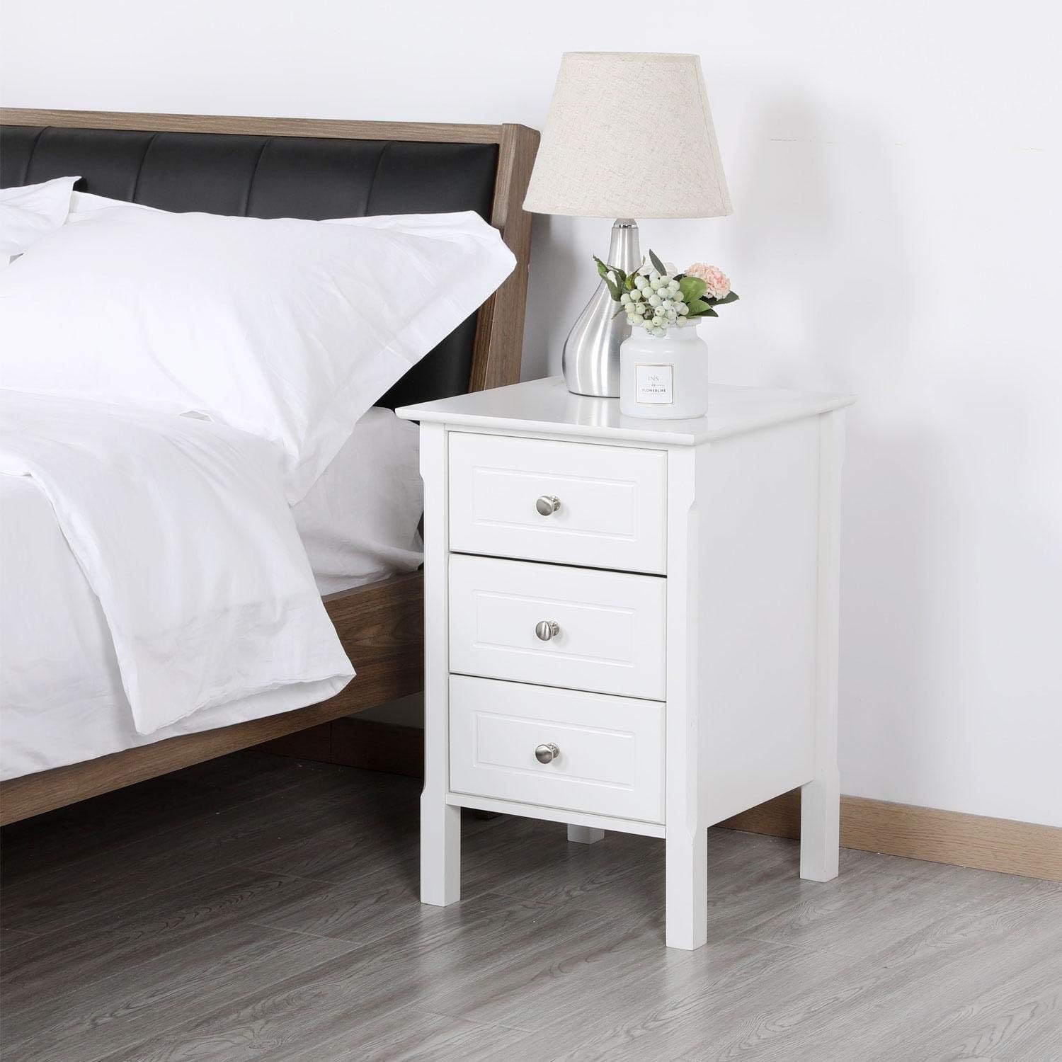 YAHEETECH White Wood Nightstand 3 Drawers Bedside Table Cabinet with Solid Wood Legs Bedroom Furniture: Furniture & Decor
