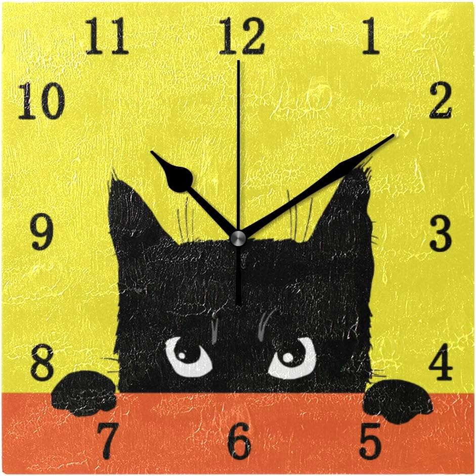 One Bear Angry Black Cat Look at You Square Wall Clock Decorative, Silent Non Ticking Battery Operated Orange Yellow Quiet Desk Clock for Kitchen Home Office School