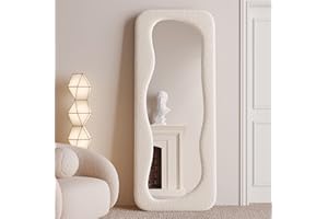 BOJOY Full Length Mirror 63"x24", Irregular Wavy Mirror, Wave Arched Floor Mirror, Wall Mirror Standing Hanging or Leaning Against Wall for Bedroom, Flannel Wrapped Wooden Frame Mirror-White