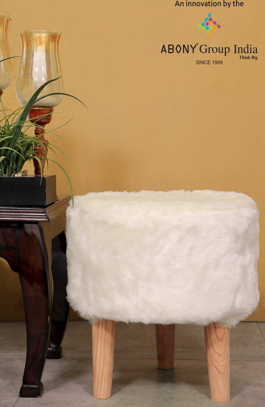 ABONY Faux Fur Soft, Comfort Round Stool, 3 Wooden ice Cream Legs, for Bedroom, Living Room (44X44X45 cm, White) - Set of 2