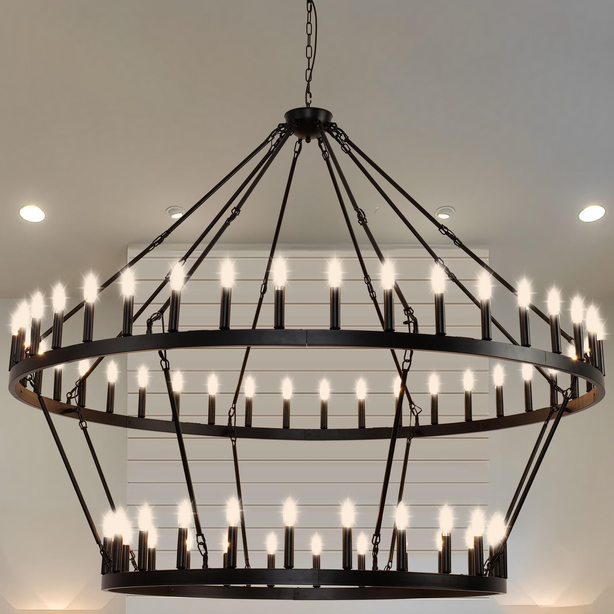 Photo 1 of JKLX 70 Inch Extra Large Wagon Wheel Chandelier 2 Tier 64-Lights Black Farmhouse Pendant Light Fixture, Round Rustic Hanging Lighting for High Ceiling