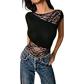 Milumia Women's Contrast Lace Cap Sleeve Bodysuit Sexy Night Out Leotards Tops