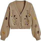 BEAUDRM Women's Floral Boho Cardigan Sweater Cottagecore Cropped Cardigan Western Embroidery Button Down Sweates Knit Top