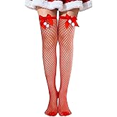 Haakong 1Pair Christmas Thigh High Stockings with Bow for Women Red Fishnet Stockings Tights High Socks with Bows Santa Accessory