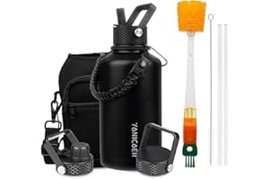 YONICOER Insulated Water Bottle 64oz,Triple Wall Vacuum Stainless Steel(Dishwasher Safe),Leak Proof & Non-BPA,Flask Jug with Paracord Handle & Straw Spout Lids Sports Black