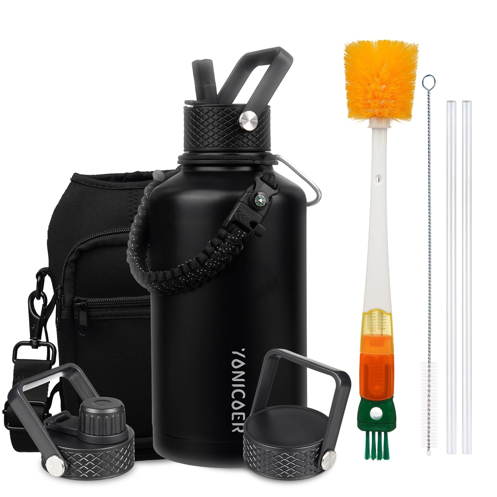 Photo 1 of YONICOER Insulated Water Bottle 64oz,Triple Wall Vacuum Stainless Steel(Dishwasher Safe),Leak Proof & Non-BPA,Flask Jug with Paracord Handle & Straw Spout Lids Sports Black