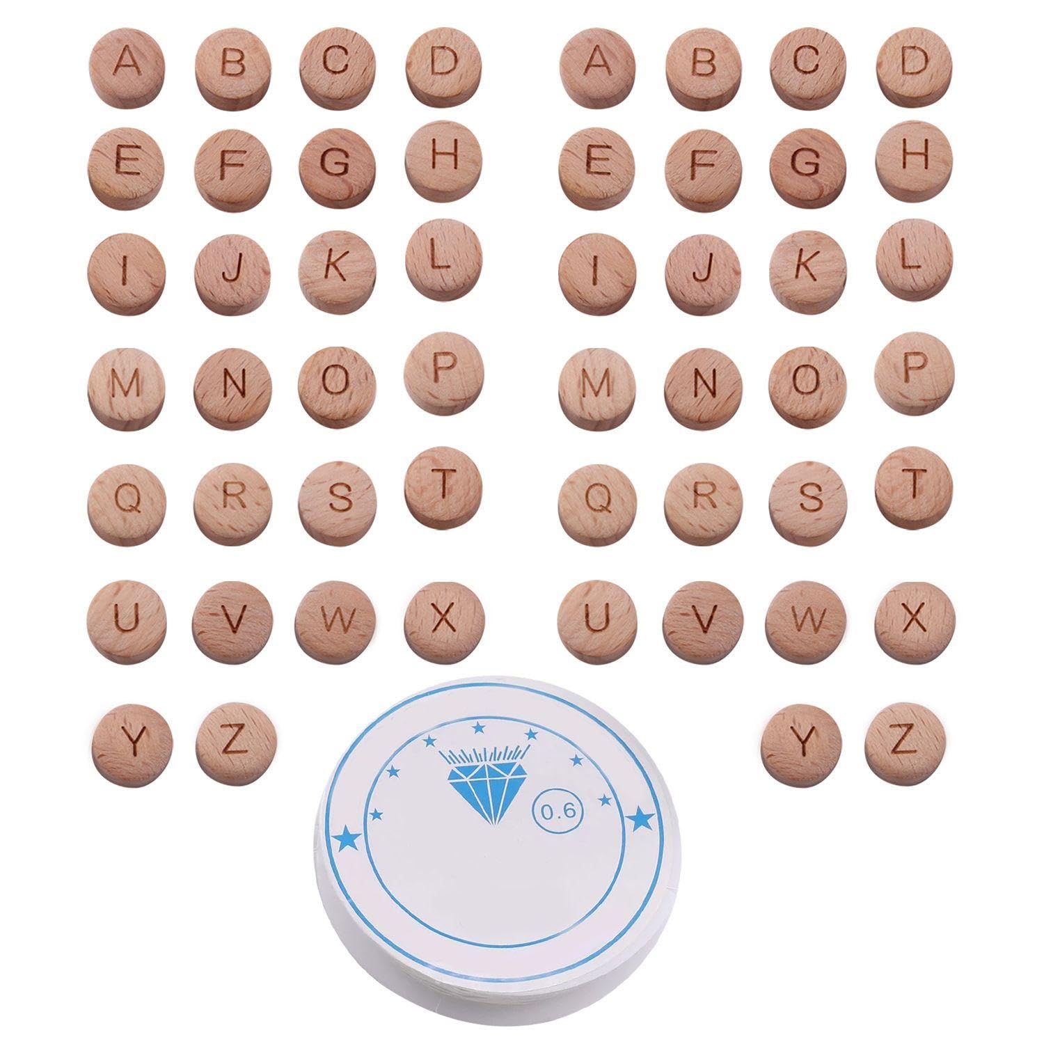 EOWVISN 52 Pieces Round Alphabet Wooden Beads, 1 Roll Of Elastic Beading Wire, Handmade Jewelry With English Letters, Diy Jewelry Accessories, Accessories With Holes