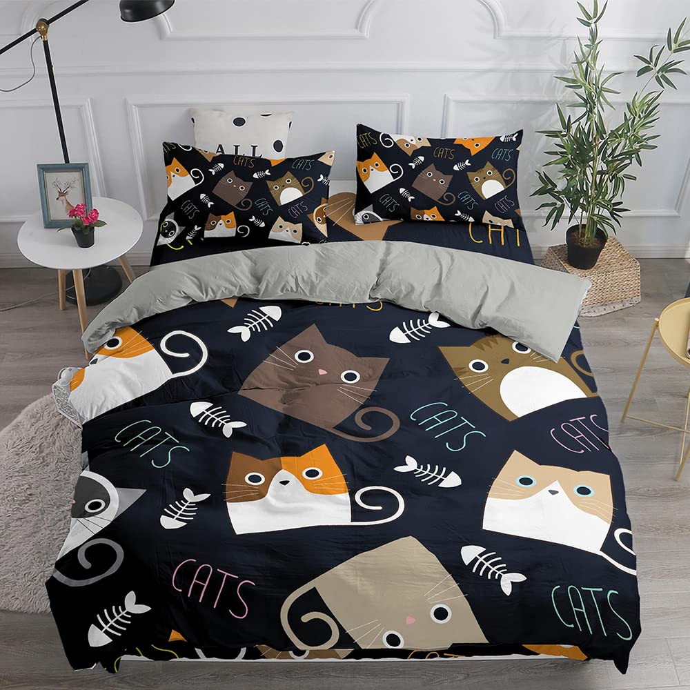 Treer Cat Duvet Cover Set Single Size for Kids Boys, 3 PCS Black & Grey Cute Cartoon Animal Printed Bedding Set Soft Microfiber Easy Care Quilt Cover with 2 Pillow cases -135 x 210 cm — image 1