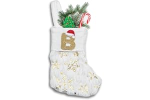 ASEOJOON 6 inches Initial Monogram Christmas Stocking with Embroidered Letters Personalized Small Plush Xmas Hanging Stocking with Sequin Snowflake for Holiday Tree Fireplace Decor (B-Letter, Gold)