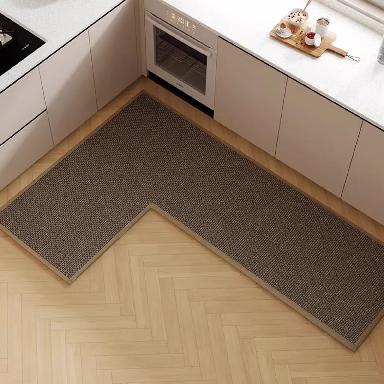 Photo 1 of L Shape Kitchen Mat, Anti-Slip Corner Kitchen Mats for Floor, 1 Piece L Shape Rug, Absorbent Runner in Front of Sink, Washable Floor Rugs for Home,Kitchen,Office(Black/Brown Right-L,5'11" x 4'7")