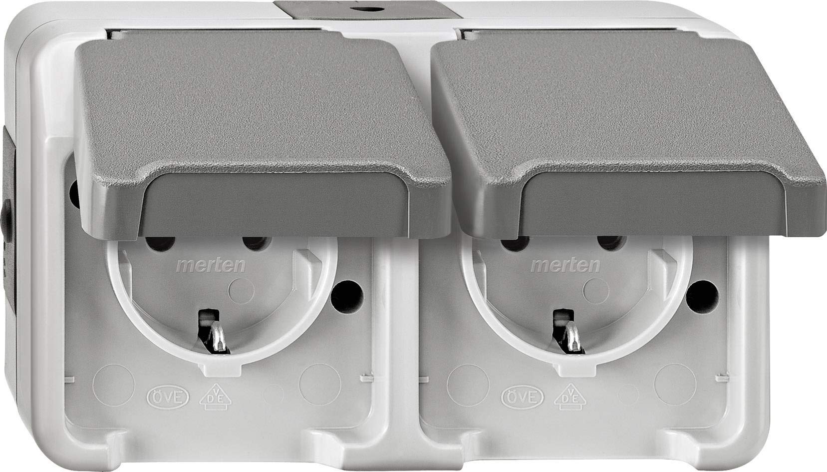Merten MEG2320-8029 Surface-Mounted Double Socket Hinged Lid Surface-Mounted 2-Way Protective Contact Socket Horizontal with Touch Protection IP44 Light Grey Aquastar