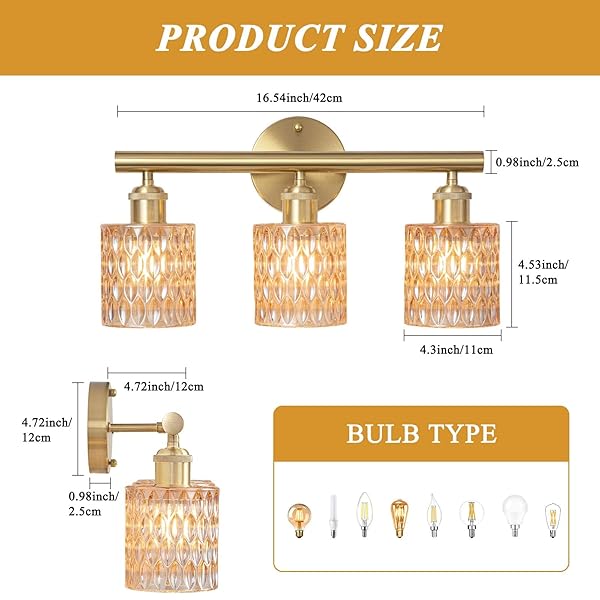 LAPMUNG BATHROOM VANITY LIGHT, GOLD WALL FIXTURE OVER MIRROR, GREEN GLASS SHADE LIGHTING WITH BULBS INCLUDED FOR BEDROOM & LIVING ROOM,2-LIGHTS