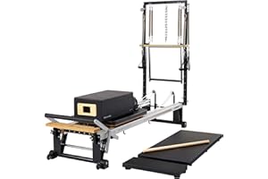 Merrithew™ V2 Max Plus™ Reformer Bundle with Mat Converter, Reformer Box, Footstrap, Padded Platform Extender & Maple Roll-Up Pole - Professional Pilates Equipment