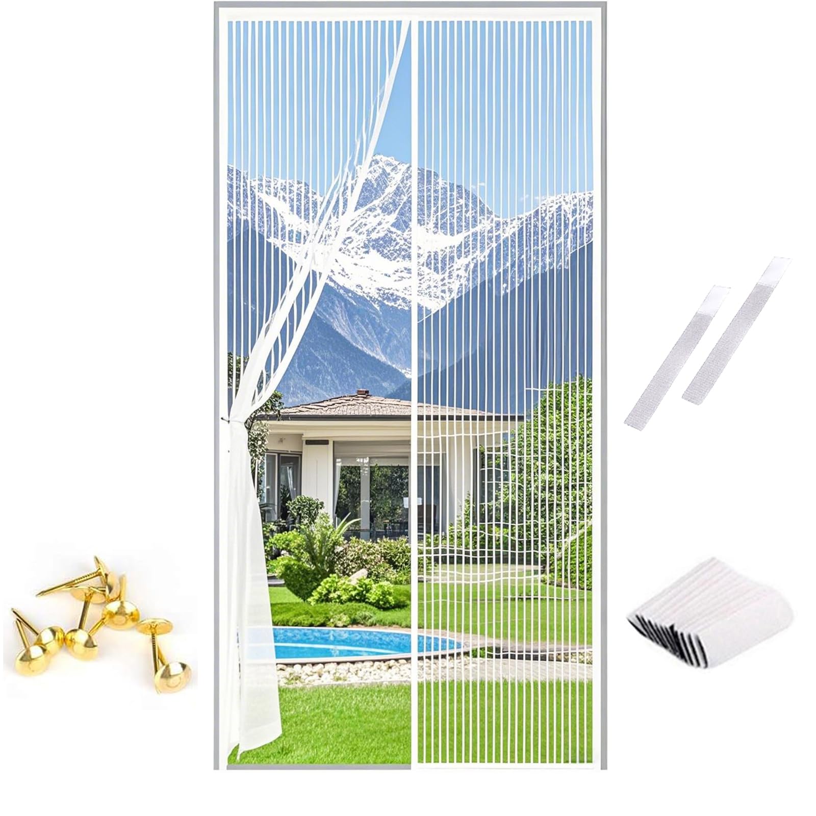 Photo 1 of White Mesh Partition Curtain, Self Sealing Hands Free Magnetic Screen Door for Keeps Bugs Out, Easy Install, Fit Door Size 30×82 inch, Screen Size 32×83 inch, Installation Kit Include
